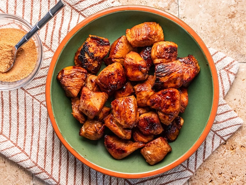 Tender skillet-seared chicken bites made with a paleo marinade using Paleovalley Organic Spice Blends — a quick, flavorful protein perfect for any meal.