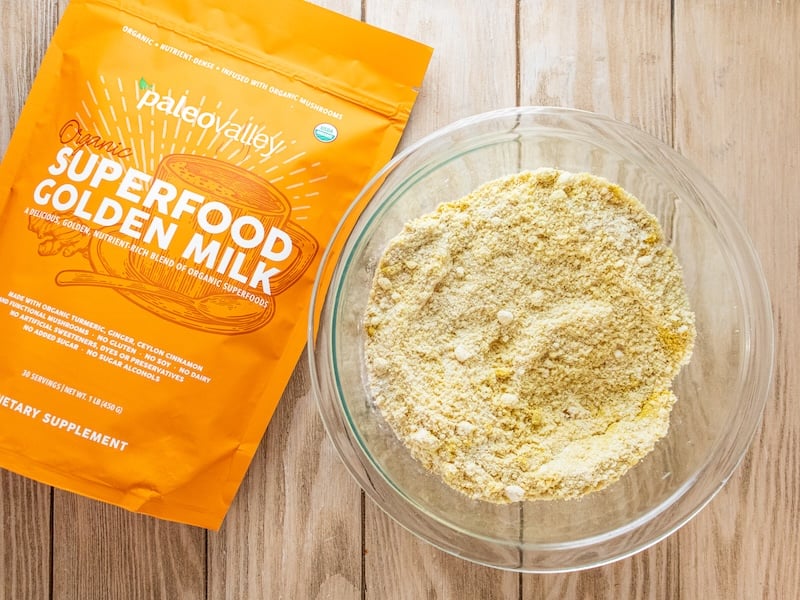 Paleovalley Superfood Golden Milk adds turmeric, warming spices, and functional superfoods to these easy, gluten-free Golden Sugar Cookies.
