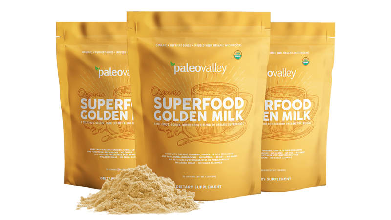 3 bags of Paleovalley Golden Milk with a sample of powder in front